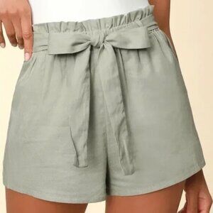 High Waist Green Paper-Bag Shorts
